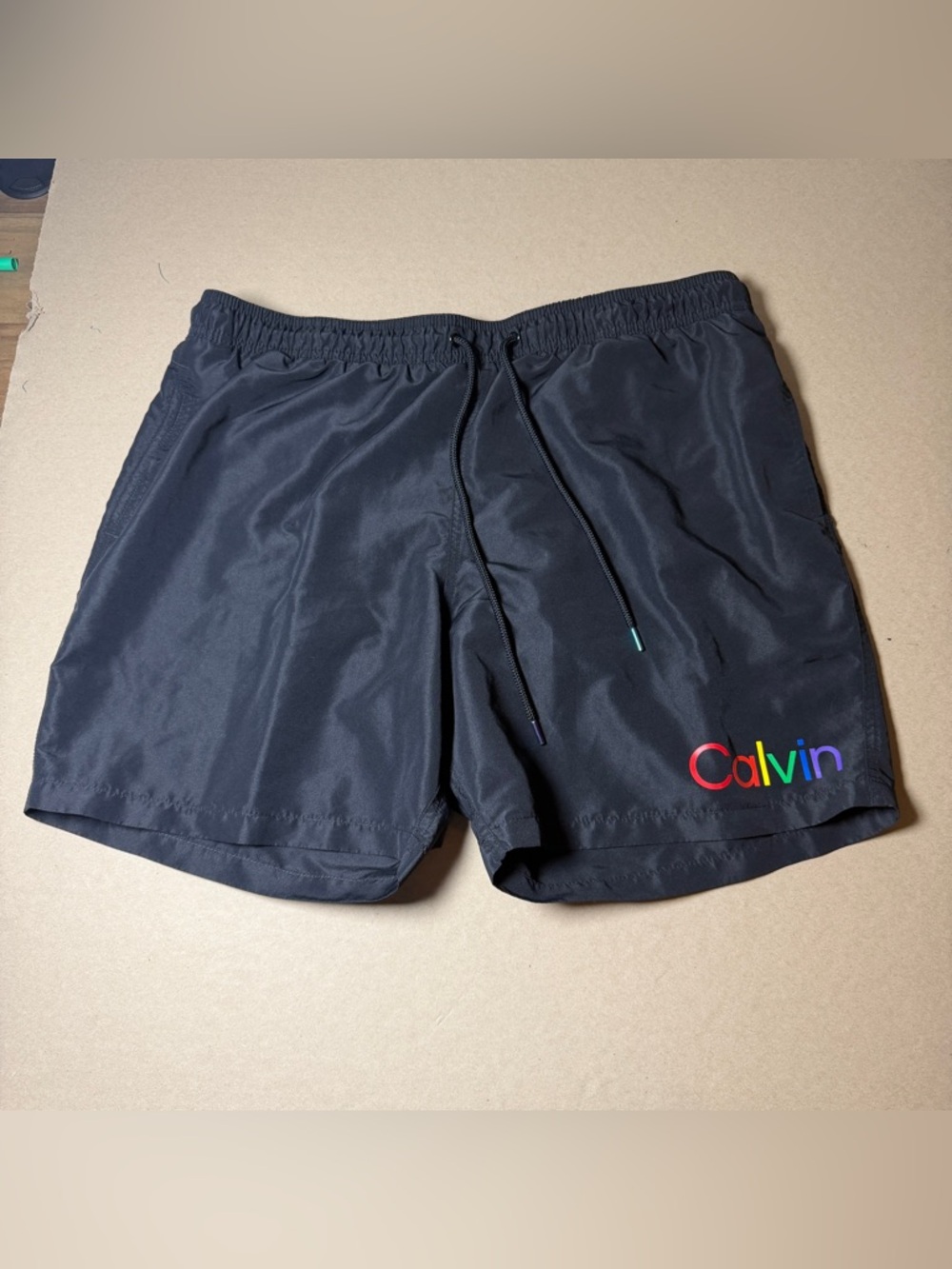 CALVIN KLEIN 5" Rainbow Logo Swim Trunks Sz XL Black Shorts Swimwear Mens Lined